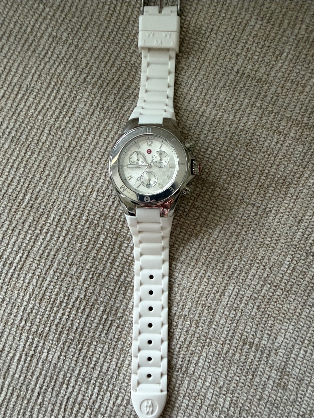 Michele White Silicone Strap Chronograph Watch with Silver Case